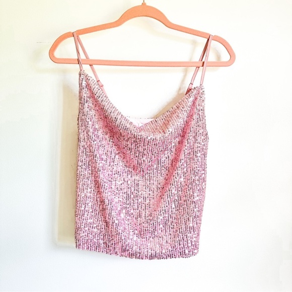NWT Endless Rose Pink Sequin Cowl Neck Cami Top sz XS - Picture 2 of 5